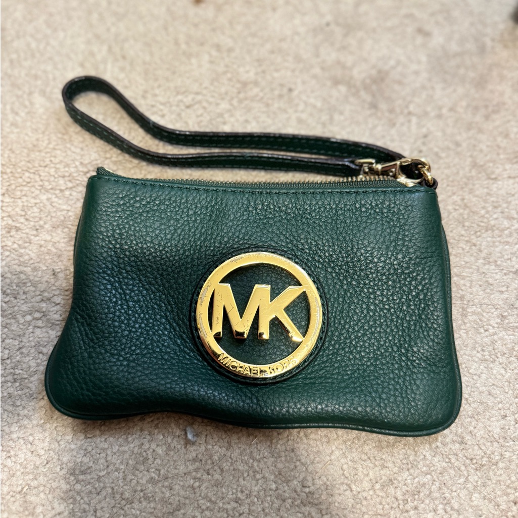 Michael Kors Dark Green Wristlet With Gold Logo Michael Kors Dark Green Wristlet With Gold Logo